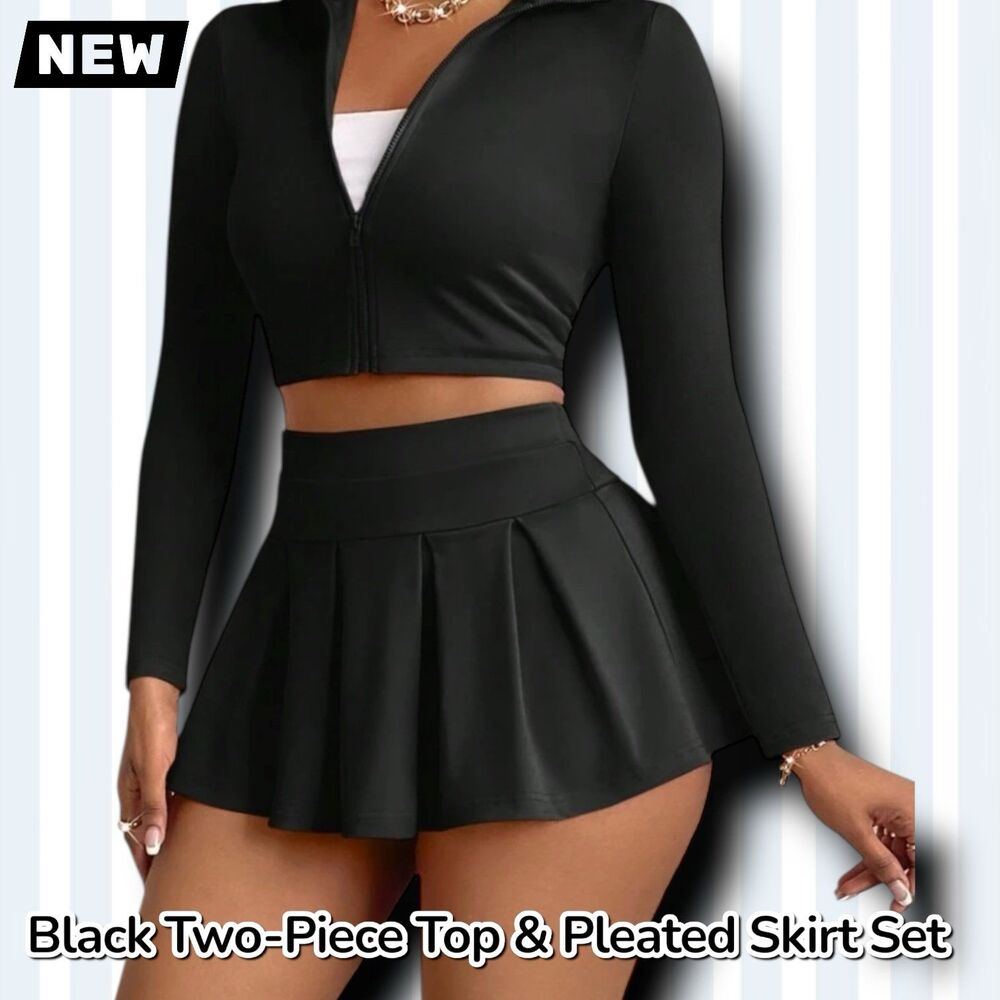 New Black Two-Piece Zip-Up Crop Top & Pleated Skirt Set Medium - Picture 3 of 7